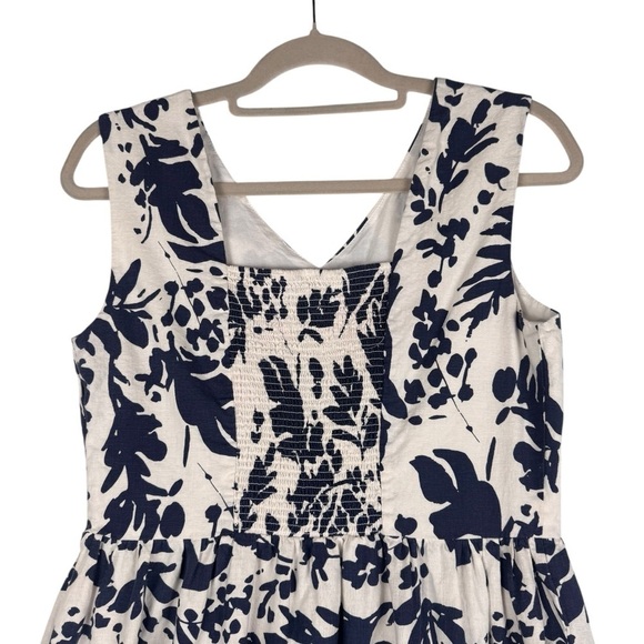 Magaschoni Floral Linen Blend White Navy Blue Sleeveless Midi Dress Size 8 - Picture 5 of 7